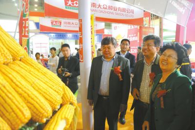 省種子協會會長馬運糧(前排右三)向河南滑豐種業科技有限公司董事長趙秀珍(右一)了解該公司培育的玉米新品種。